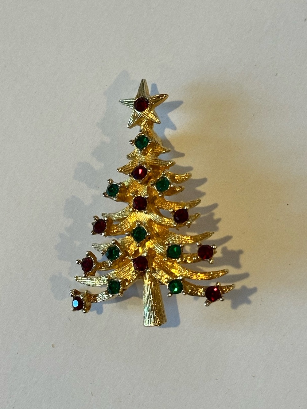Vintage MYLU Christmas Tree Brooch Pin 2" Tall Goldtone with Rhinestones